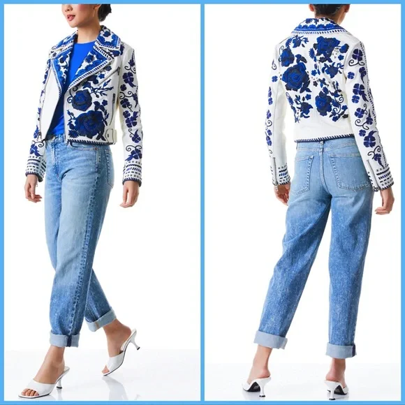 Alice + Olivia Cody Embroidered Floral Embellished Leather Moto Jacket - Picture 14 of 16